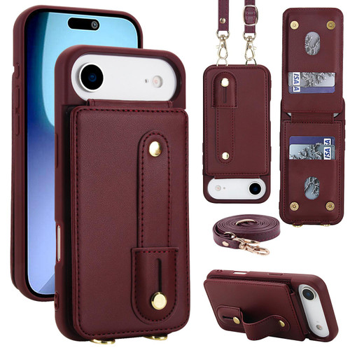 iPhone Air Wristband Vertical Flip Wallet Back Cover Phone Case with Long Lanyard - Wine Red