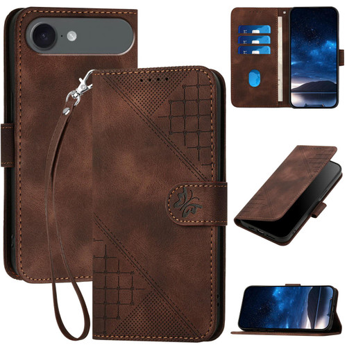 iPhone Air YX0080 Grid Butterfly Embossed Pattern Flip Leather Phone Case with Lanyard - Coffee