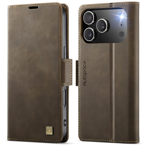 iPhone 17 Pro AutSpace A11 Side Buckle MagSafe Magnetic RFID Phone Leather Case - Coffee