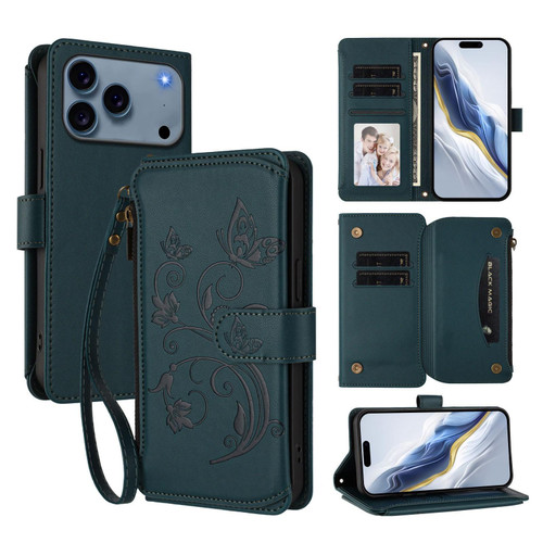 iPhone 17 Pro Butterfly Love Flower Multi-card Zipper Wallet Leather Phone Case - Dark Green