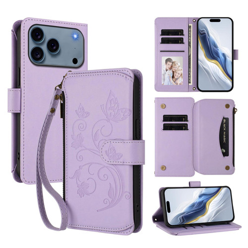 iPhone 17 Pro Butterfly Love Flower Multi-card Zipper Wallet Leather Phone Case - Light Purple