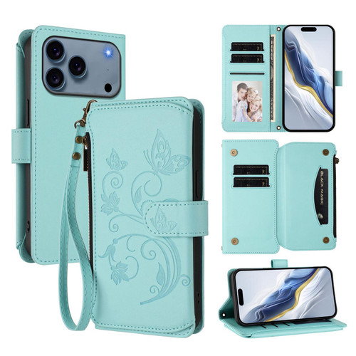iPhone 17 Pro Butterfly Love Flower Multi-card Zipper Wallet Leather Phone Case - Mint Green