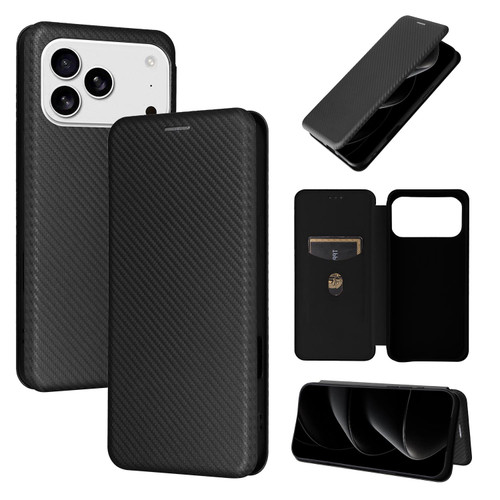 iPhone 17 Pro Carbon Fiber Texture Flip Leather Phone Case - Black