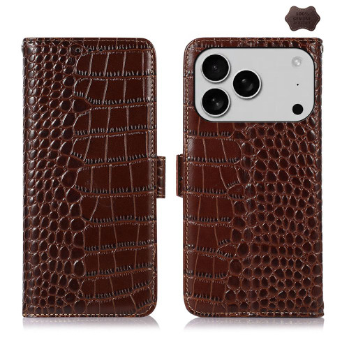 iPhone 17 Pro Crocodile Top Layer Cowhide Leather Phone Case - Brown