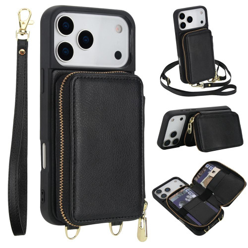 iPhone 17 Pro Max Crossbody Zipper RFID Card Bag Phone Case - Black