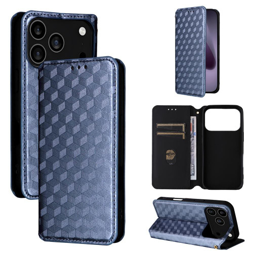 iPhone 17 Pro Cubic Grid Texture Flip Leather Phone Case - Blue