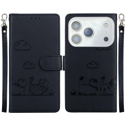 iPhone 17 Pro Cute Cats RFID Leather Phone Case - Black