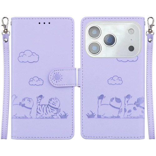 iPhone 17 Pro Cute Cats RFID Leather Phone Case - Purple