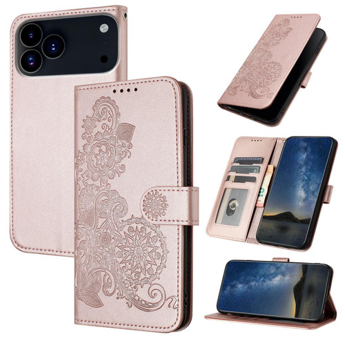 iPhone 17 Pro Datura Flower Embossed Flip Leather Phone Case - Rose Gold