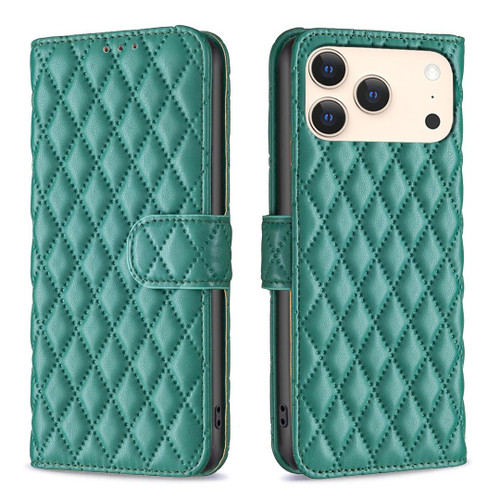iPhone 17 Pro Diamond Lattice Wallet Flip Leather Phone Case - Green