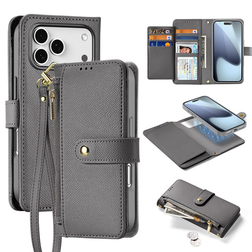 iPhone 17 Pro DUX DUCIS Lawa Series 2 in 1 Wallet Zipper Detachable MagSafe Phone Case with Lanyard - Grey