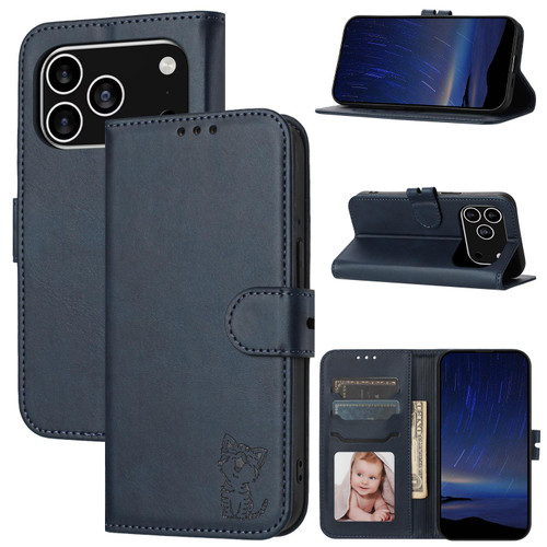 iPhone 17 Pro Embossed Happy Cat Pattern Flip Leather Phone Case - Blue