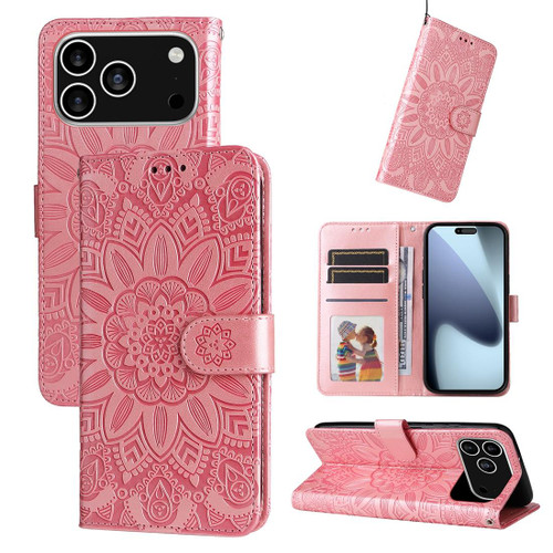 iPhone 17 Pro Embossed Sunflower Leather Phone Case - Pink