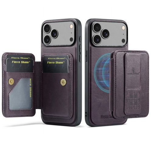 iPhone 17 Pro Fierre Shann Oil Wax Cow Leather Card Holder Back Phone Case - Purple