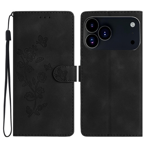 iPhone 17 Pro Flower Butterfly Embossing Pattern Leather Phone Case - Black iPhone 17 Pro Flower Butterfly Embossing Pattern Leather Phone Case - Black