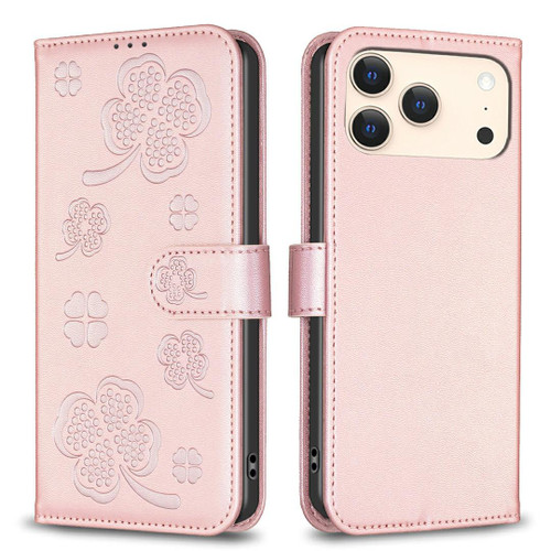 iPhone 17 Pro Four-leaf Embossed Leather Phone Case - Pink iPhone 17 Pro Four-leaf Embossed Leather Phone Case - Pink