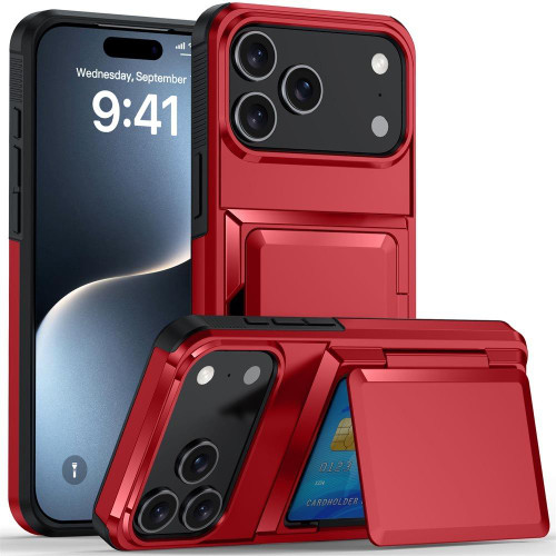 iPhone 17 Pro Kalebol Flip Card Wallet Holder Shockproof Phone Case - Red
