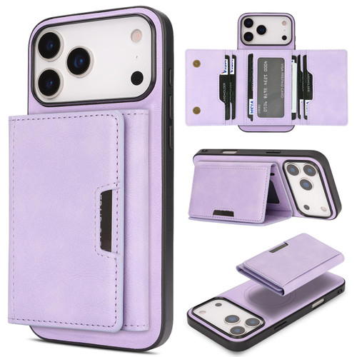 iPhone 17 Pro Kalebol Strong Magnetic MagSafe Tri-Fold Wallet Leather Phone Case - Purple