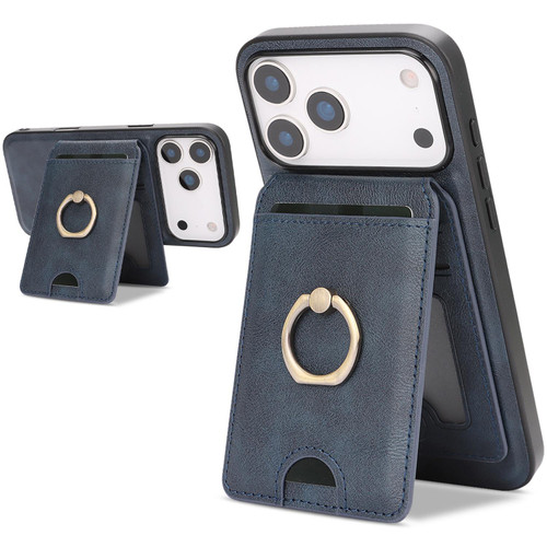 iPhone 17 Pro Kalebol Strong MagSafe Ring Magnetic Card Bag Holder Leather Phone Case - Blue