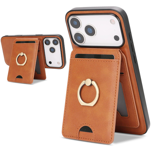 iPhone 17 Pro Kalebol Strong MagSafe Ring Magnetic Card Bag Holder Leather Phone Case - Brown