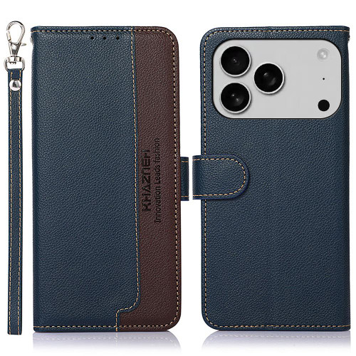 iPhone 17 Pro KHAZNEH Litchi Texture Leather RFID Phone Case - Blue
