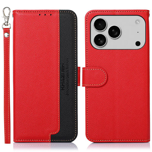 iPhone 17 Pro KHAZNEH Litchi Texture Leather RFID Phone Case - Red