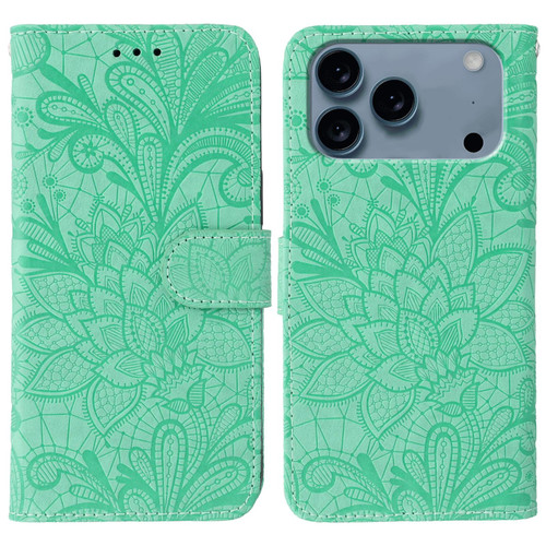 iPhone 17 Pro Lace Flower Embossing Flip Leather Phone Case - Green
