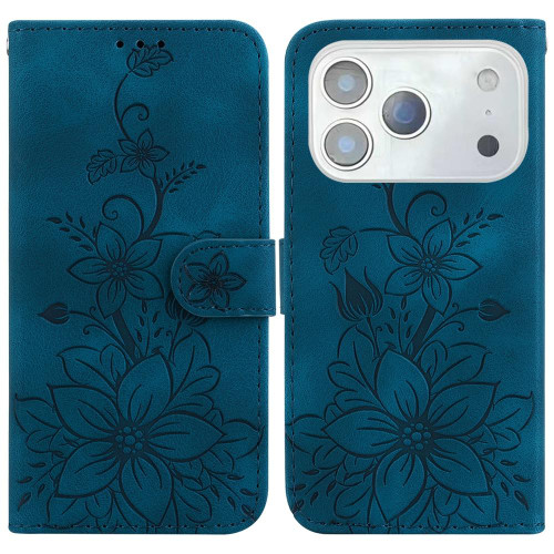 iPhone 17 Pro Lily Embossed Leather Phone Case - Dark Blue