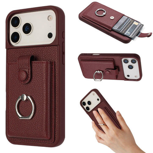 iPhone 17 Pro Litchi Texture Drawing Card Bag Ring Holder Phone Case - Wine Red