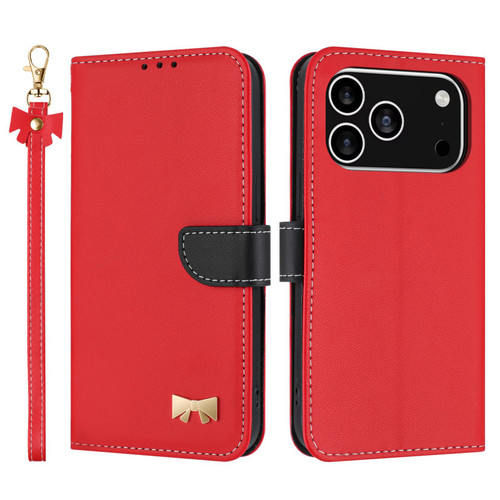 iPhone 17 Pro Max Metal Bow Leather Phone Case with Hand Strap - Red