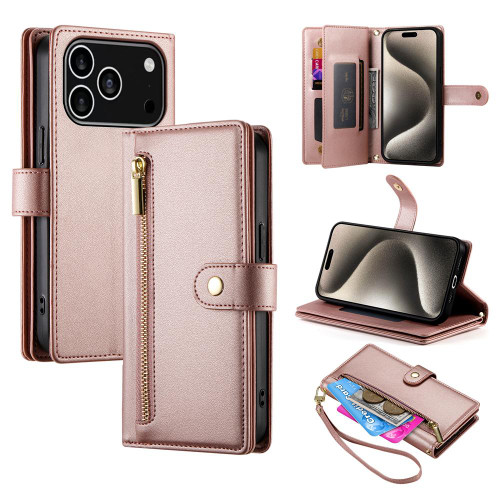 iPhone 17 Pro Nine Card-slot Zipper Wallet Bag Leather Phone Case - Pink