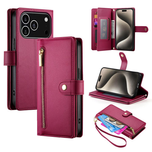 iPhone 17 Pro Nine Card-slot Zipper Wallet Bag Leather Phone Case - Red