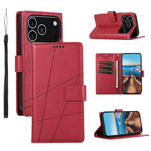 iPhone 17 Pro PU Genuine Leather Texture Embossed Line Phone Case - Red