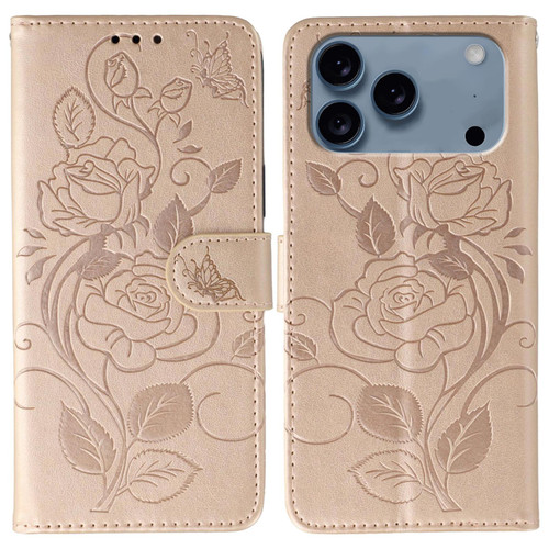 iPhone 17 Pro Rose Butterfly Embossed Leather Phone Case - Rose Gold iPhone 17 Pro Rose Butterfly Embossed Leather Phone Case - Rose Gold