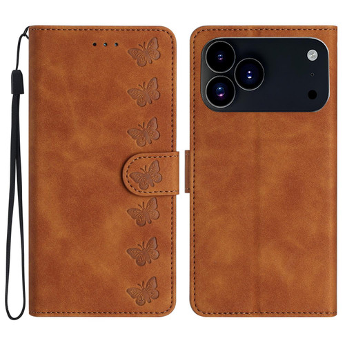 iPhone 17 Pro Seven Butterflies Embossed Leather Phone Case - Brown iPhone 17 Pro Seven Butterflies Embossed Leather Phone Case - Brown