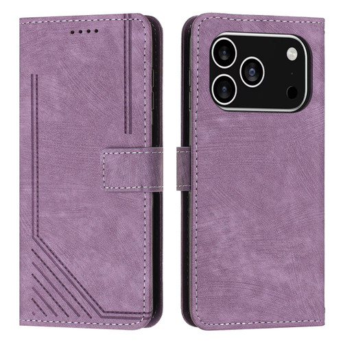 iPhone 17 Pro Skin Feel Stripe Pattern Leather Phone Case with Lanyard - Purple