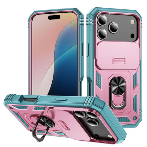 iPhone 17 Pro Sliding Camshield TPU + PC Phone Case with Holder - Pink+Green iPhone 17 Pro Sliding Camshield TPU + PC Phone Case with Holder - Pink+Green