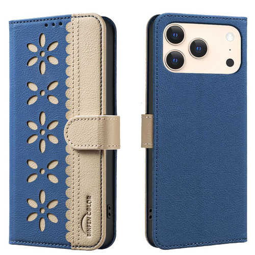 iPhone 17 Pro Splicing Color Hollow Flower Pattern RFID Leather Phone Case - Dark Blue iPhone 17 Pro Splicing Color Hollow Flower Pattern RFID Leather Phone Case - Dark Blue