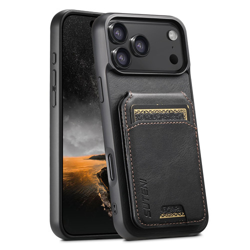 iPhone 17 Pro Suteni H02 Leather Wallet Stand Back Phone Case - Black