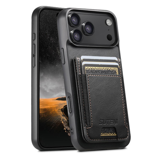 iPhone 17 Pro Suteni H03 Oil Wax Leather Wallet Stand Back Phone Case - Black