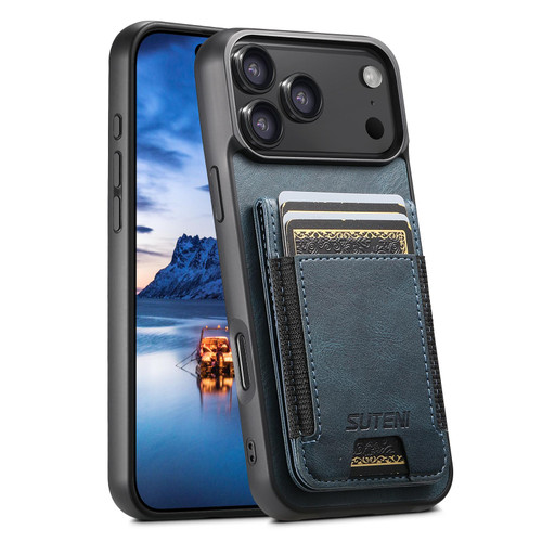 iPhone 17 Pro Suteni H03 Oil Wax Leather Wallet Stand Back Phone Case - Blue