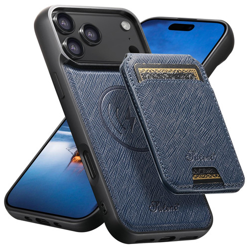 iPhone 17 Pro Suteni H18 Cross Grain MagSafe Wallet Leather Phone Case - Blue