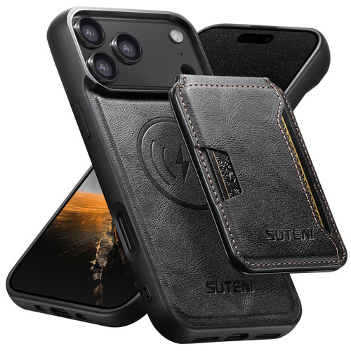 iPhone 17 Pro Suteni M3 Card Bag MagSafe Cowhide Texture Leather Phone Case - Black