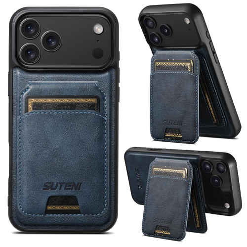 iPhone 17 Pro Suteni M5 Magnetic Card Bag MagSafe Leather Phone Case - Blue