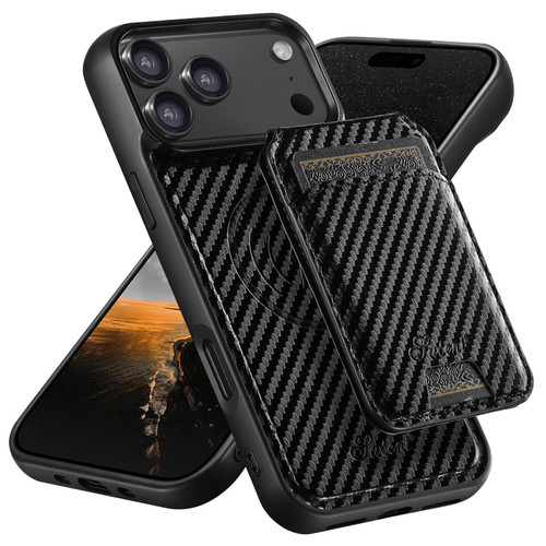 iPhone 17 Pro Suteni TXWH18 Carbon Fiber Texture Detachable Wallet MagSafe Phone Case - Black