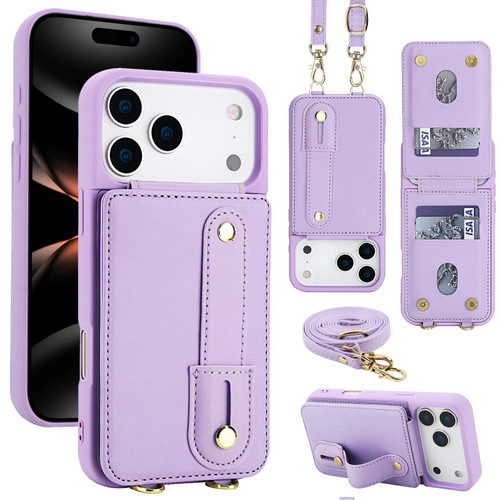 iPhone 17 Pro Wristband Vertical Flip Wallet Back Cover Phone Case with Long Lanyard - Purple