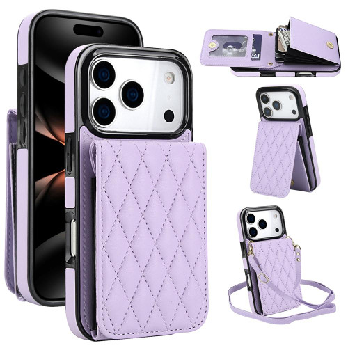 iPhone 17 Pro YM015 Crossbody Rhombic Card Bag RFID Phone Case - Light Purple