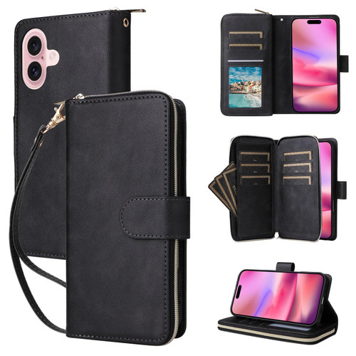 iPhone 17 9 Card Slots Zipper Wallet Bag Leather Phone Case - Black
