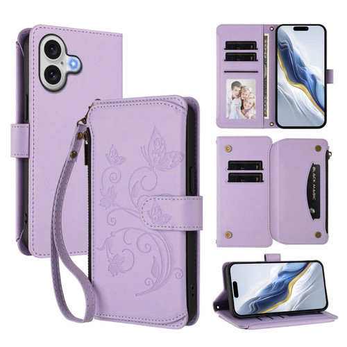 iPhone 17 Butterfly Love Flower Multi-card Zipper Wallet Leather Phone Case - Light Purple