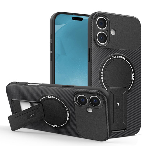iPhone 17 Carbon Fiber Texture MagSafe Phone Case with Holder - Black